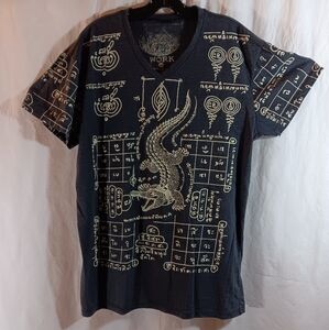 Work Mens XL T-Shirt Top Crocodile Graphic Tattoo Thailand Gray Knit